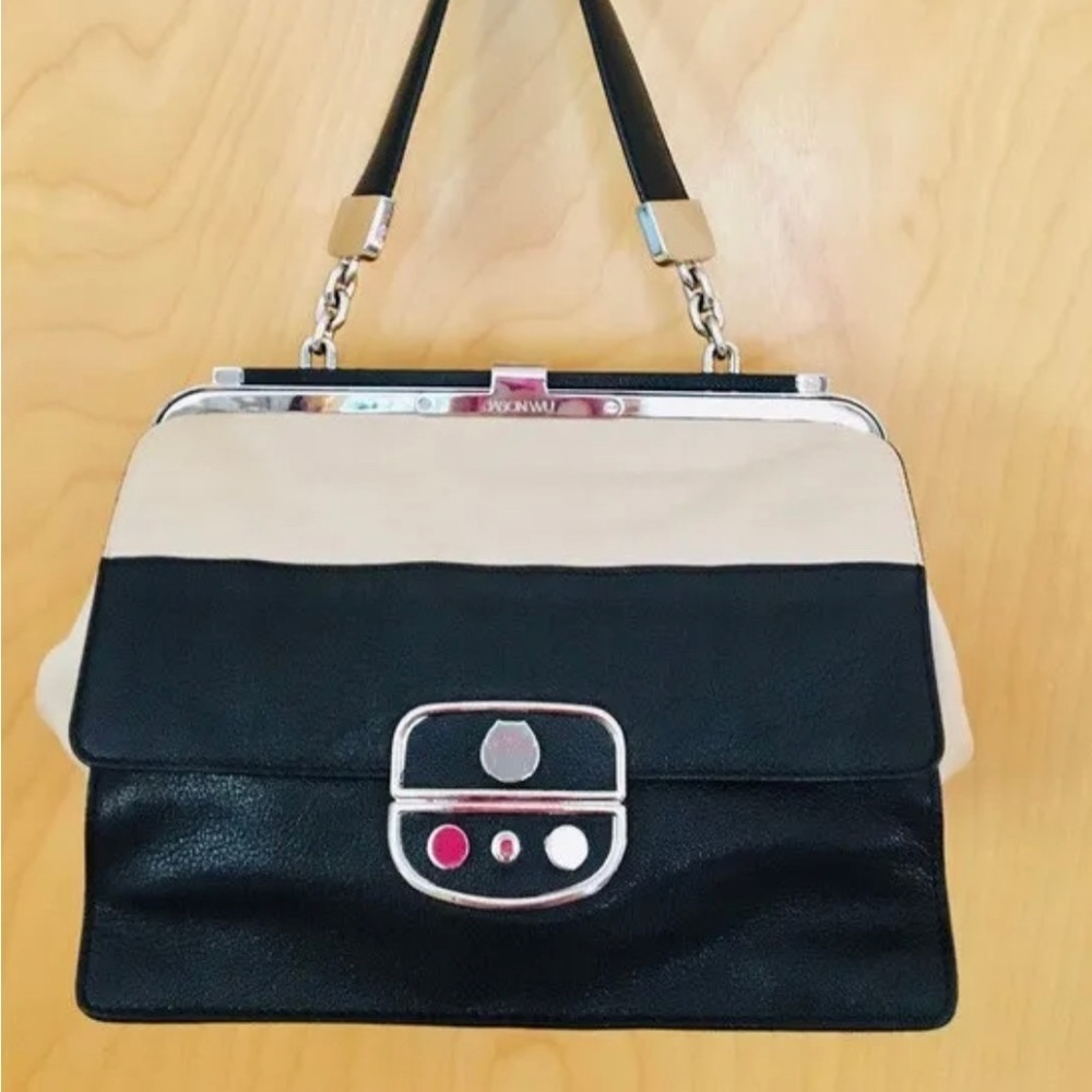 Jason Wu Luxury Black & Beige Leather
Frame Kisslock Purse Satchel Handbag w/Owl